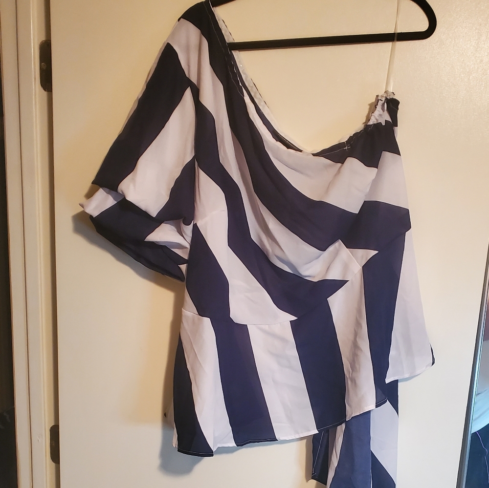 Ashley Stewart One Shoulder Stripe Peplum Top